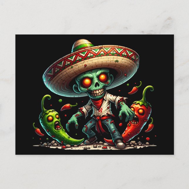 Zombie Cinco de Mayo Man and Hot Peppers Postcard (Front)