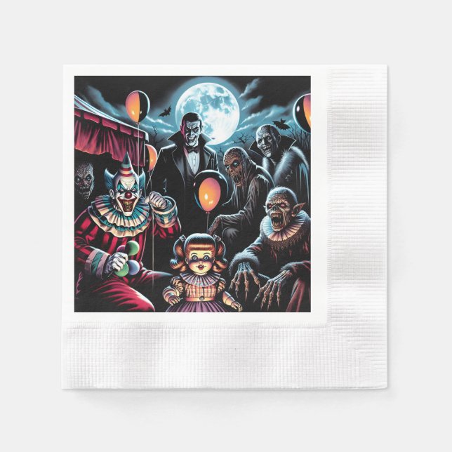 Zombie, Clown, Vamp and Haunted Doll Halloween Napkin (Front)