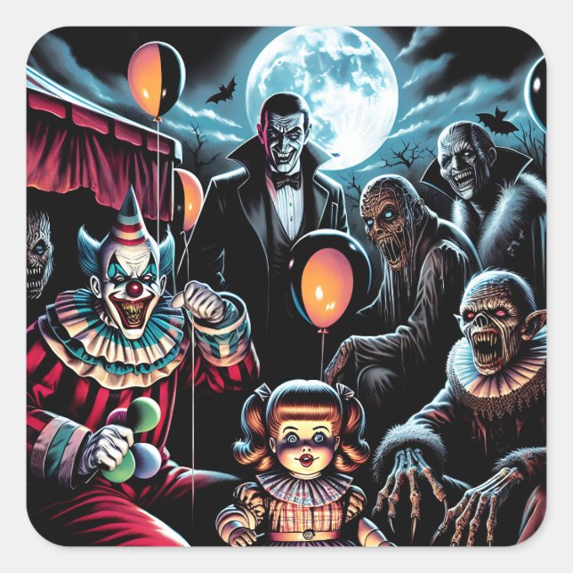 Zombie, Clown, Vamp and Haunted Doll Halloween Square Sticker (Front)