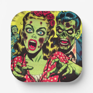 Zombie Couple Retro Comics Paper Plate