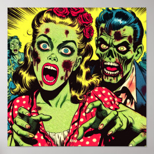Zombie Couple Retro Comics Poster