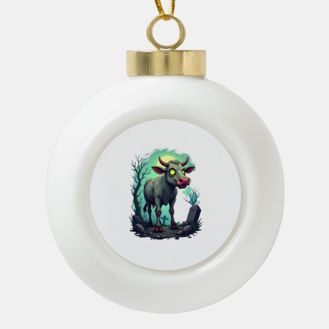 Zombie Cow Apocalypse Ceramic Ball Christmas Ornament (Front)