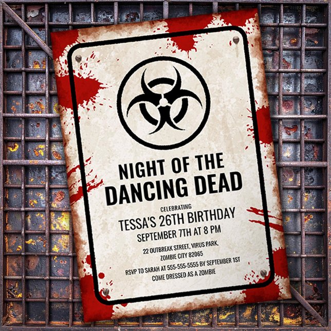 Zombie dance party with blood and weathered sign invitation (Creator Uploaded)