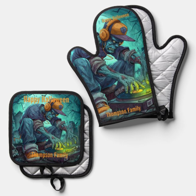 Zombie DJ Rave Halloween Party Vibes Oven Mitt & Pot Holder Set (Front/Back)