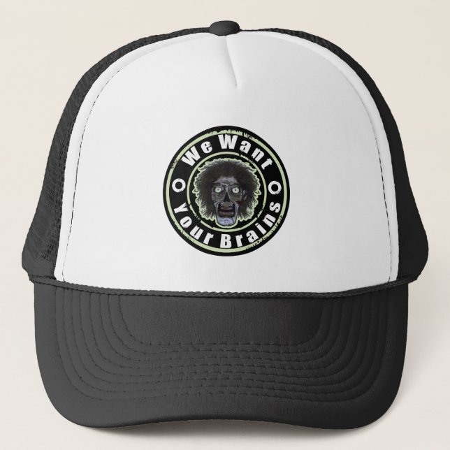 Zombie Face -Mint Green We Want Your Brains Trucker Hat (Front)