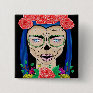 Zombie girl illustration with a crown of roses 2 inch square button