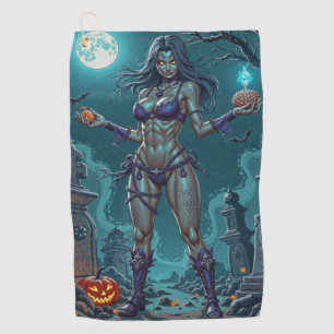 Zombie Girl Offers Halloween Treat or Brains Golf Towel