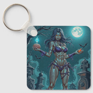 Zombie Girl Offers Halloween Treat or Brains Keychain