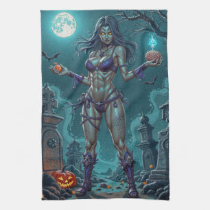 Zombie Girl Offers Halloween Treat or Brains Kitchen Towel