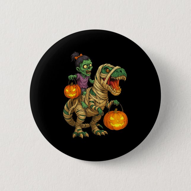 Zombie Girl Riding Mummy T Rex Halloween Kids Tric 2 Inch Round Button (Front)