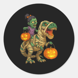 Zombie Girl Riding Mummy T Rex Halloween Kids Tric Classic Round Sticker