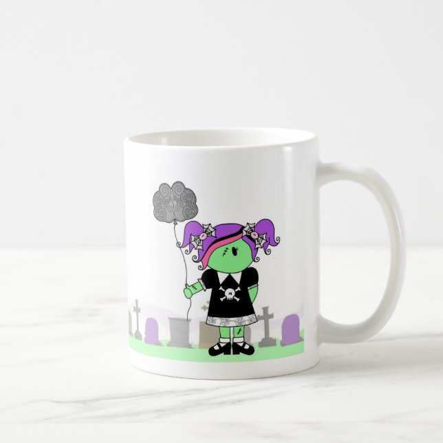 Zombie Girl with Brain Balloon in Cemetery Mug (Right)