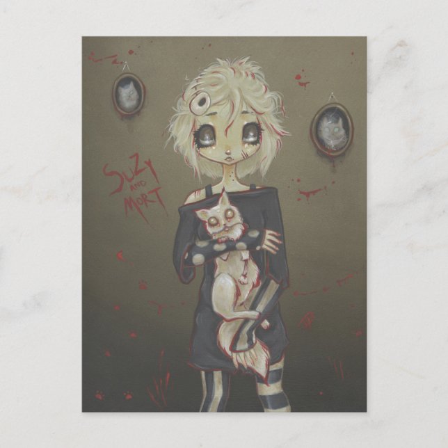 Zombie goth fille mignonne carte postale chat mort (Devant)