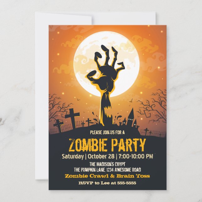 Zombie Graveyard Orange Halloween Invitation (Front)
