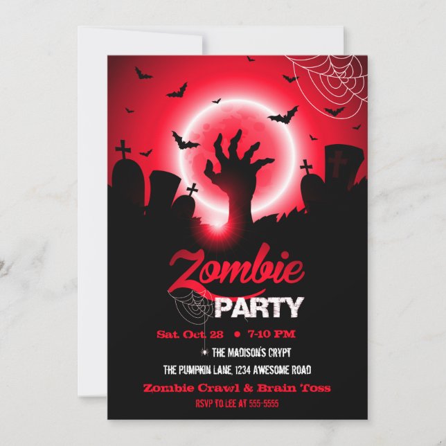 Zombie Graveyard Red Halloween Invitation (Front)