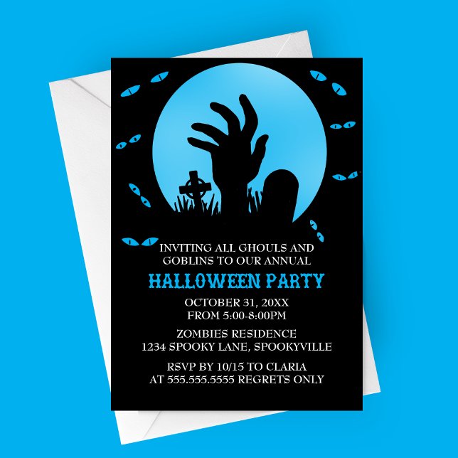 Zombie Halloween Party Invitation (Blue Zombie Spooky Halloween Party Invitation | Graveyard with Haunted Eyes and Full Moon)
