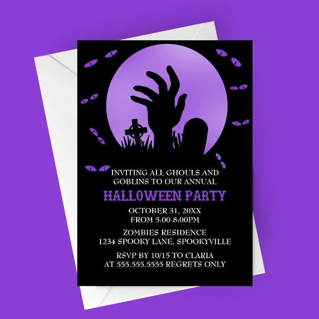 Zombie Halloween Party Invitation (Purple Zombie Spooky Halloween Party Invitation | Graveyard with Haunted Eyes and Full Moon)