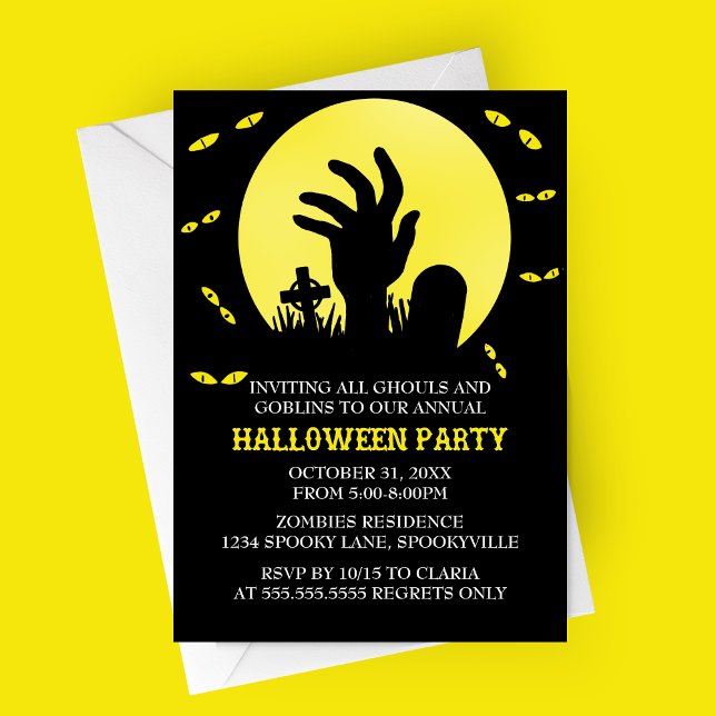 Zombie Halloween Party Invitation (Yellow Zombie Spooky Halloween Party Invitation | Graveyard with Haunted Eyes and Full Moon)