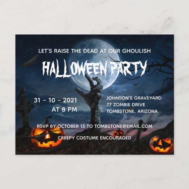 Zombie Hand Full Moon Creepy Halloween Party Invit Invitation Postcard (Front)