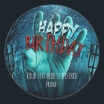 Zombie Happy Birthday Party Classic Round Sticker<br><div class="desc">Zombie Happy Birthday Party Stickers. Matching invitations available.</div>