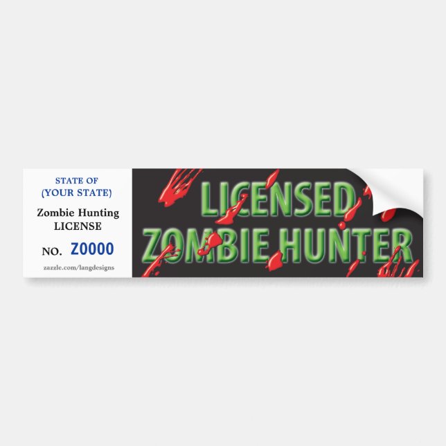ZOMBIE Hunting License w/ blood spatters Bumper Sticker (Front)