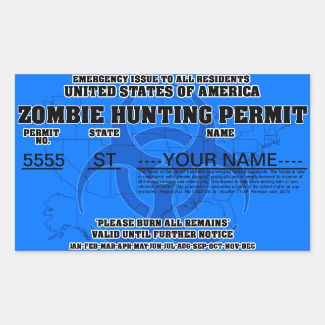 Zombie Hunting Permit (Blue) Sticker (Front)