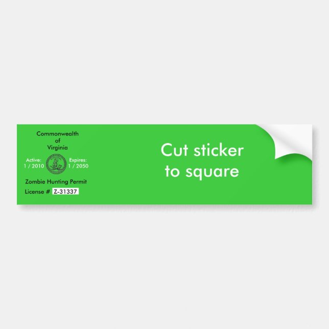 Zombie hunting permit bumper sticker (Front)