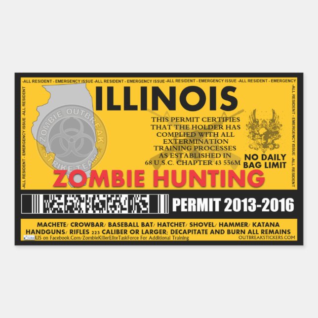 Zombie Hunting Permit Illinois Sticker (Front)