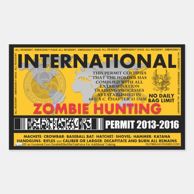 Zombie Hunting Permit International Sticker (Front)