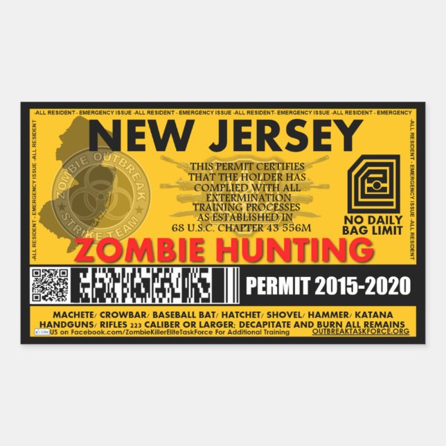 Zombie Hunting Permit New Jersey Sticker (Front)