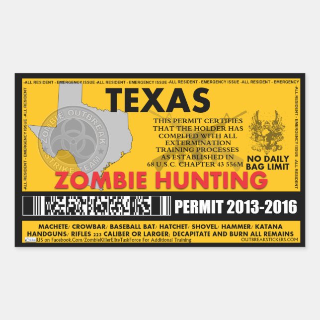 Zombie Hunting Permit Texas Sticker (Front)