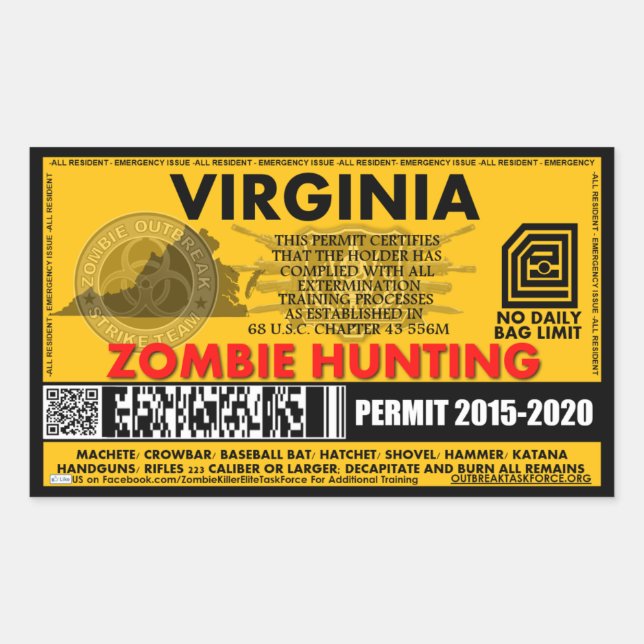 Zombie Hunting Permit Virginia Sticker (Front)