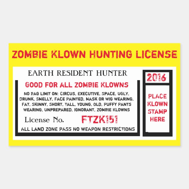 ZOMBIE KLOWN HUNTING LICENSE STICKER (Front)