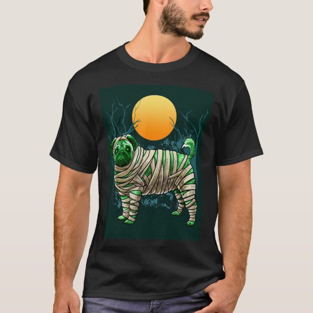 Zombie Mummy Pug Halloween With Full Moon T-Shirt (Front)