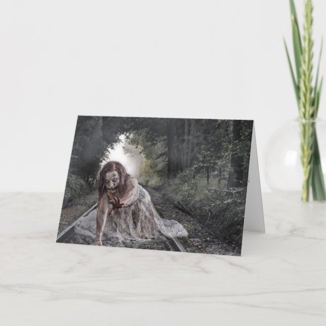 Zombie on the Tracks Halloween Card (Front)