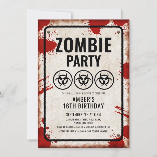 Zombie party with biohazard icons and blood stains invitation (Front)