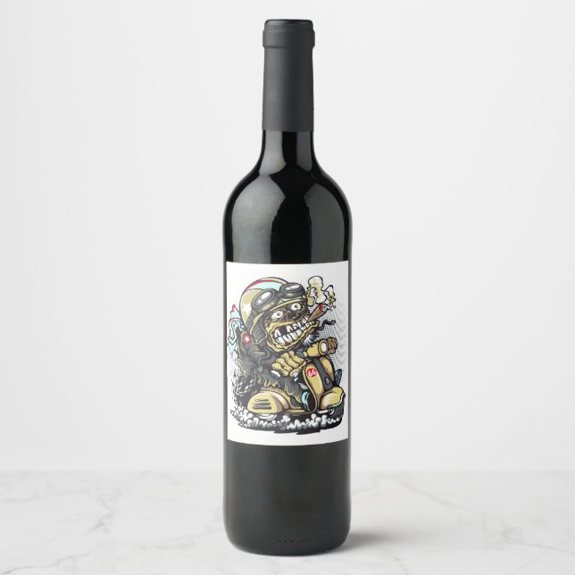 Zombie riding motor scooter illustration, T-shirt  Wine Label (Front)