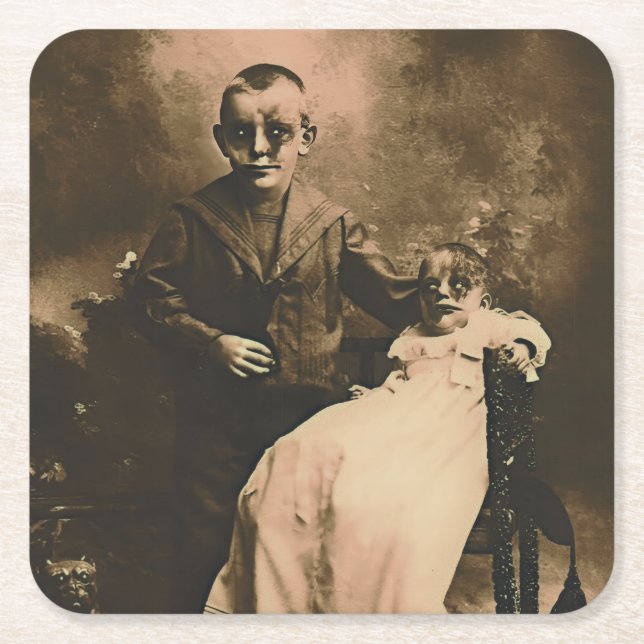 Zombie Siblings  Square Paper Coaster (Front)