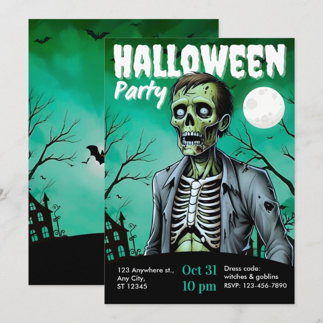 Zombie Skeleton Halloween Party Invite Adults (Front/Back)