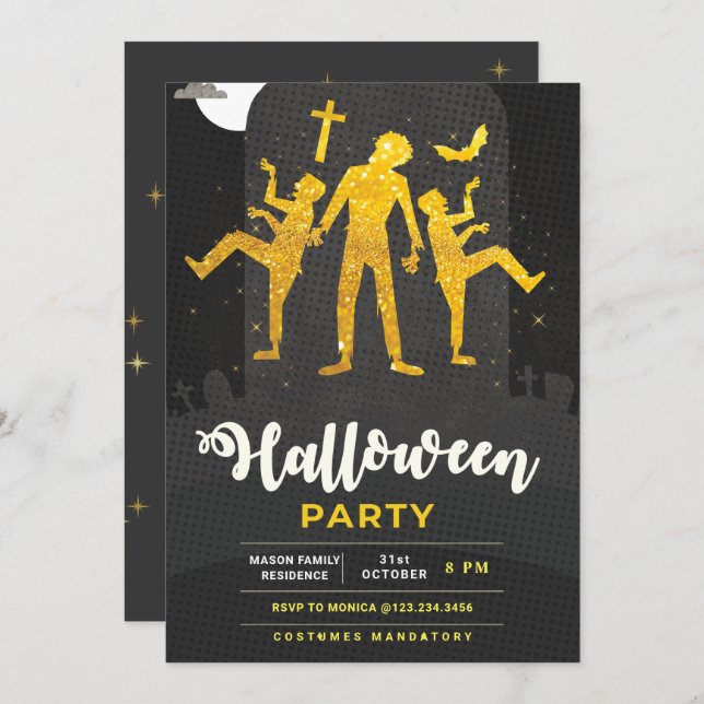 Zombie Spooky Gold Halloween party Invitation (Front/Back)
