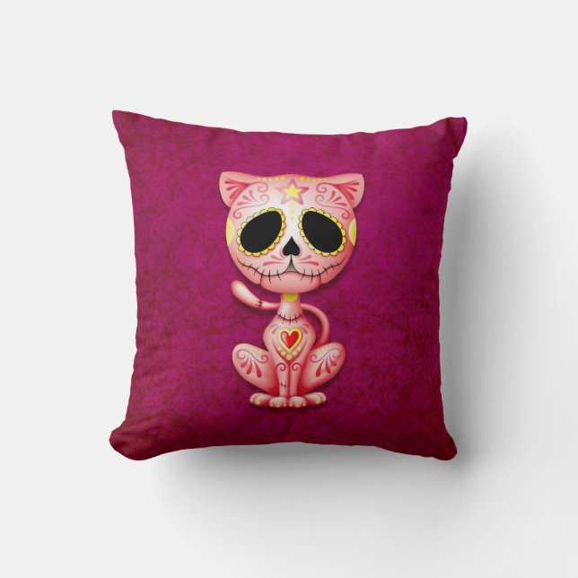 Zombie Sugar Kitten, pink Throw Pillow (Front)