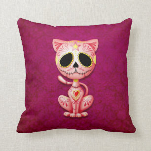 Zombie Sugar Kitten, pink Throw Pillow