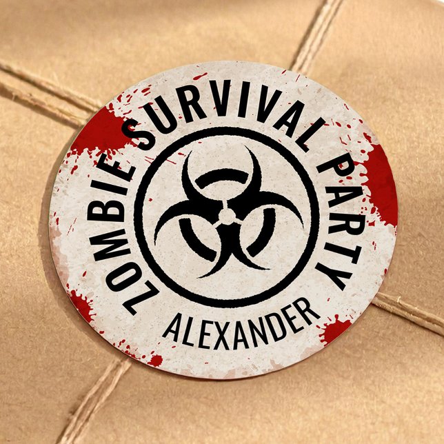 Zombie survival party with a rusty sign and blood classic round sticker (Creator Uploaded)