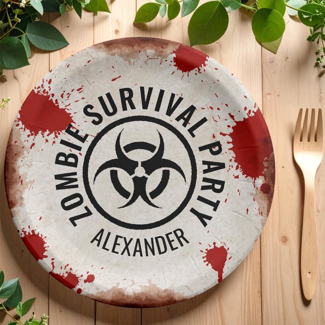 Zombie survival party with a rusty sign and blood paper plate (Creator Uploaded)