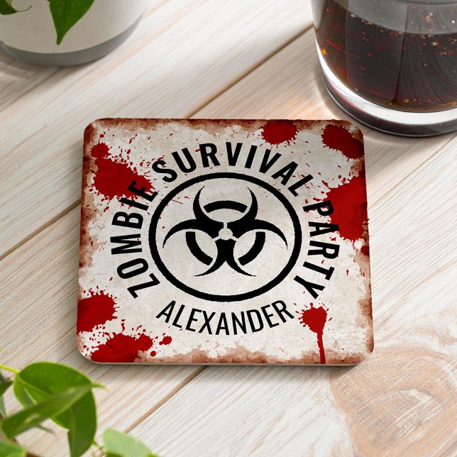 Zombie survival party with a rusty sign and blood square paper coaster (Creator Uploaded)