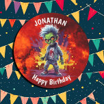 zombie-themed boy birhday round paper coaster<br><div class="desc">zombie-themed boy birhday Fiery Zombie personalized plates for a little boy. Click the "Customize it!" button to change the text size, text colour, font style and more! If this product has the option to transfer the design to another item, please make sure to adjust the design to fit if needed....</div>