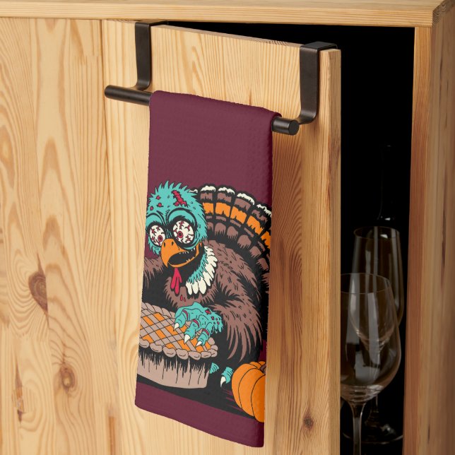 Zombie Turkey Wants Pumpkin Pie Kitchen Towel (Thirds Fold)