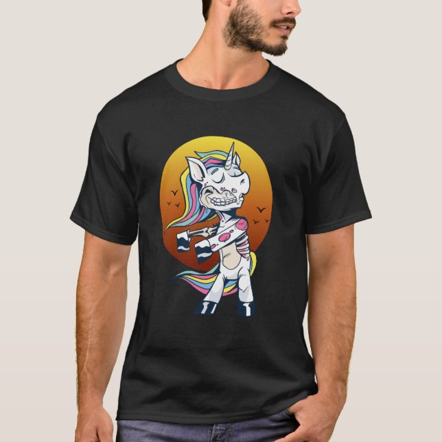 Zombie Unicorn Apocalypse Fantasy Sunset Style T-Shirt (Front)