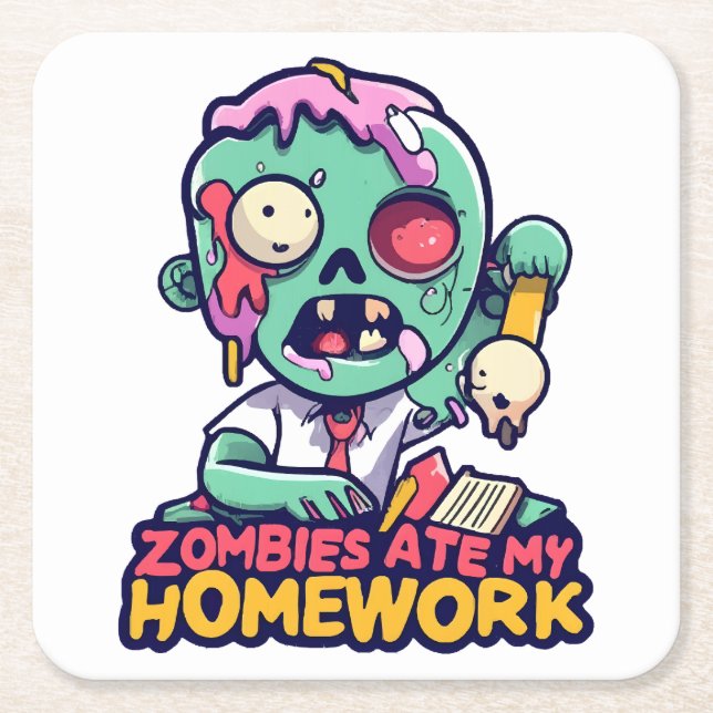 Zombies Ate My Homework Square Paper Coaster (Front)