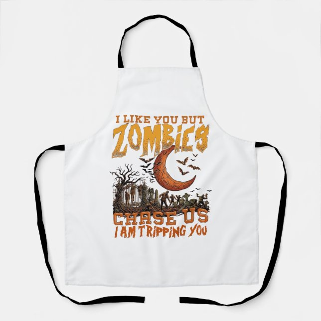 Zombies Chase Us Halloween Graveyard Crescent Moon Apron (Front)